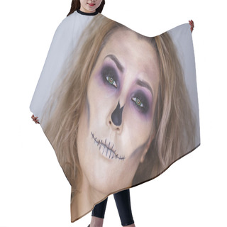 Personality  Halloween. Portrait Of Young Beautiful Girl With Make-up Skeleton On Her Face Hair Cutting Cape