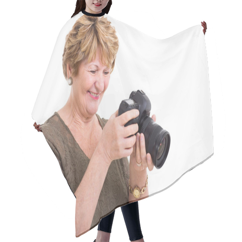 Personality  Retired Woman Viewing Photos On Digital SLR Camera Hair Cutting Cape
