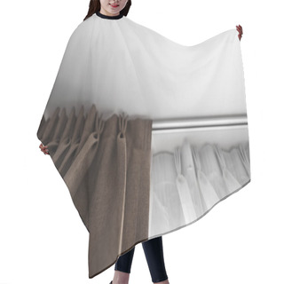 Personality  Brown Curtains And White Tulle On A Rail With A White Ceiling. Curtain Interior Decoration In Living Or Sleeping Room. Comfortable Live In Your Own Home. Sweet Confy Home. Hair Cutting Cape