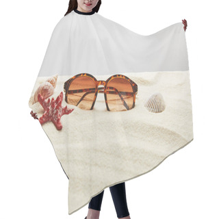 Personality  Brown Stylish Sunglasses On Sand With Red Starfish And Seashells On Grey Background Hair Cutting Cape