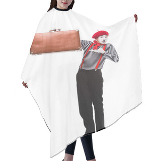 Personality  Surprised Mime Showing At Brown Suitcase Isolated On White Hair Cutting Cape