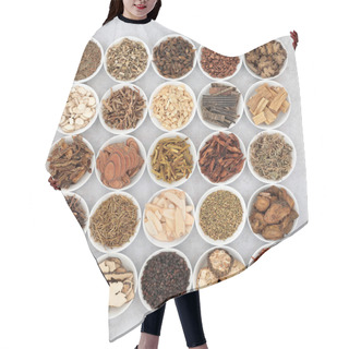 Personality  Chinese Herb Collection Used In Traditional Herbal Medicine In Porcelain Bowls On Mottled Grey Background. Alternative Health Care Concept. Flat Lay, Top View. Hair Cutting Cape