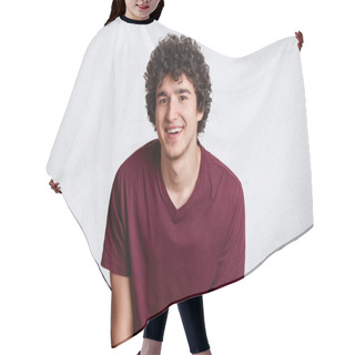Personality  Horizontal Shot Of Happy Handsome Male With Shining Smile, Feels Glad, Has Specific Appearance, Dressed In Fashionable Maroon T Shirt, Poses Isolated Over White Background. Copy Space For Promotion. Hair Cutting Cape