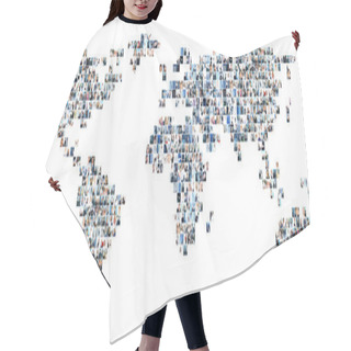 Personality  Collage Of Different Business Pictures Collected As World Map. Finance, Success, Technology, Communication, Market, Time And Money Concept. Hair Cutting Cape