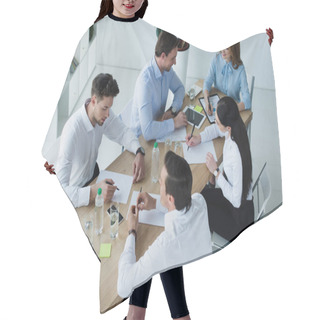 Personality  High Angle View Of Business Colleagues At Workplace With Papers In Office Hair Cutting Cape