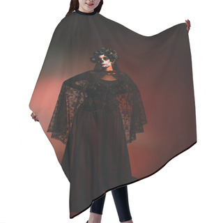 Personality  Woman In Black Costume And Creepy Halloween Makeup Standing On Burgundy Background  Hair Cutting Cape