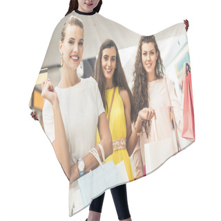 Personality  Stylish Young Women Holding Credit Card And Paper Bags, Smiling At Camera In Shopping Mall Hair Cutting Cape