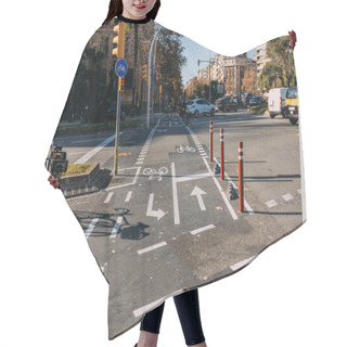 Personality  BARCELONA, SPAIN - DECEMBER 28, 2018: Roadway With Bicycle Lane, Markings And Traffic Light Hair Cutting Cape
