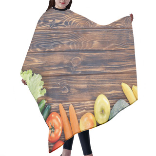 Personality  Top View Of Fresh Healthy Fruits And Vegetables On Wooden Table Hair Cutting Cape