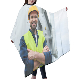 Personality  Male Smiling Engineer In Safety Vest And Helmet Standing With Crossed Arms Hair Cutting Cape