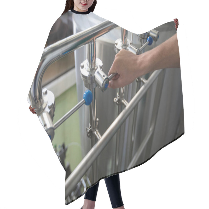 Personality  Worker Holding Metallic Handle At Factory Hair Cutting Cape