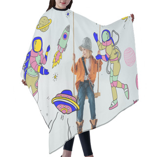Personality  Cute Kid In Jeans And Orange Shirt Sitting On Swing And Looking At Fairy Space With Astronauts Illustration On Grey Background Hair Cutting Cape