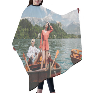 Personality  Beautiful Young Women In Boat At Tranquil Mountain Lake, Bled, Slovenia Hair Cutting Cape