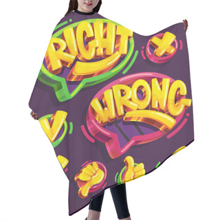 Personality  Right And Wrong Icon Cartoon Set On A Dark Background. Vector Speech Bubble. Comic Yellow Letters Hair Cutting Cape