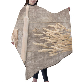 Personality  Top View Of Wheat Spikes, Rolling Pin And Flour Package On Wooden Table Hair Cutting Cape