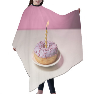 Personality  Burning Candle In Middle Of Doughnut With Sprinkles On White Table On Pink Background Hair Cutting Cape