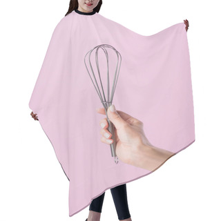 Personality  Cropped Shot Of Woman Holding Whisk Isolated On Pink Hair Cutting Cape