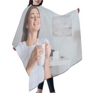 Personality  Cheerful Woman Dreaming While Holding Cup Of Tea  Hair Cutting Cape