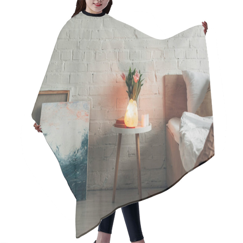 Personality  Interior Of Bedroom With Himalayan Salt Lamp, Flowers, Paintings And Candles Hair Cutting Cape