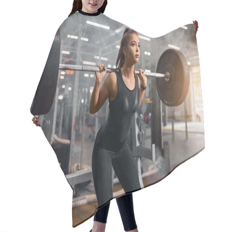 Personality  Pretty Fit Woman Squatting With Weight Hair Cutting Cape