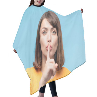Personality  Young Pretty Brunette Female Keeping Forefinger By Her Pouted Lips While Asking To Be Quiet Hair Cutting Cape