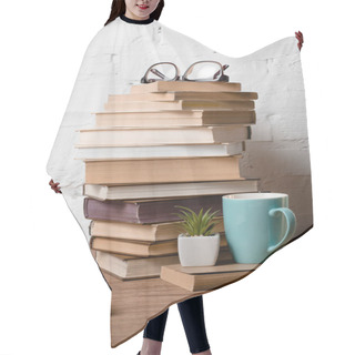Personality  Pile Of Books, Eyeglasses, Potted Plant And Cup With Hot Beverage On Wooden Table Hair Cutting Cape