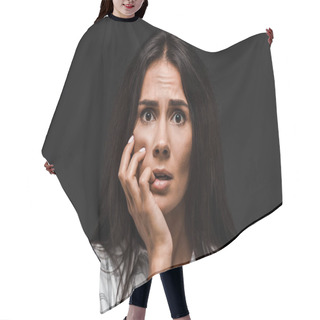 Personality  Scared Young Woman Touching Face Isolated On Black  Hair Cutting Cape