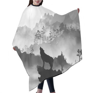 Personality  Silhouette Of The Wolf Howling At The Moon At Night In Front Of The Mountains Inside The Mist Clouds. Hight Detailed Realistic Black And White Vector Illustration. Hair Cutting Cape