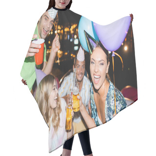 Personality  Selective Focus Of Woman Holding Beer Bottle And Balloon During Party With Friends At Night  Hair Cutting Cape