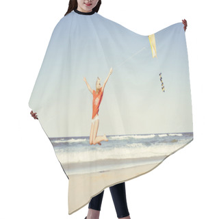 Personality  Young Attractive Girl Flying Yellow Kite On The Beach In Bikini Hair Cutting Cape