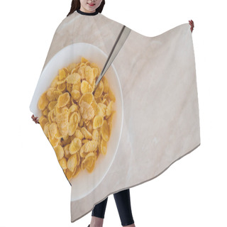 Personality  Top View Of Bowl With Corn Flakes And Spoon On Marble Surface Hair Cutting Cape