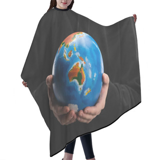 Personality  Cropped View Of Globe In Female Hands Isolated On Black, Global Warming Concept Hair Cutting Cape