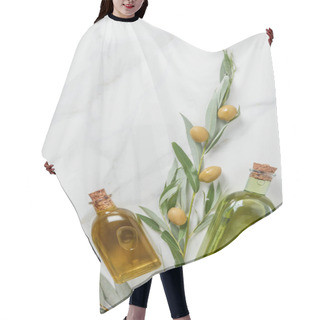 Personality  Top View Of Bottles Of Olive Oil And Twigs With Olives On Marble Table Hair Cutting Cape
