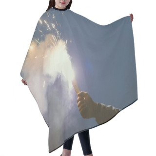 Personality  Cropped View Of Male Hand With Smoke Bomb With Sparks At Night Hair Cutting Cape