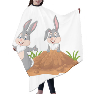 Personality  Vector Illustration Of Cartoon Two Rabbits In The Hole Hair Cutting Cape