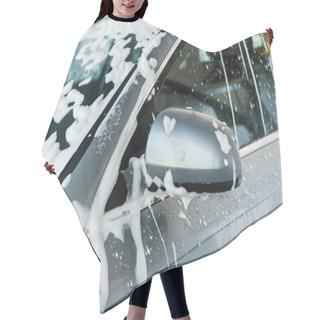 Personality  Cropped View Of Car Mirror With White Foam In Car Wash  Hair Cutting Cape