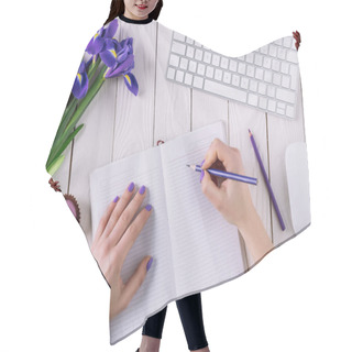 Personality  Cropped Shot Of Woman Writing In Notebook At Workdesk Hair Cutting Cape