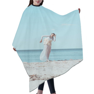 Personality  Tender Woman In White Swan Costume Standing On Sandy Beach Hair Cutting Cape