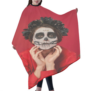 Personality  Spooky Woman In Skull Makeup And Black Wreath Holding Hands Near Face On Red, Dia De Los Muertos Hair Cutting Cape