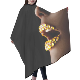 Personality  Sexy Lips With Gems. Professional Golden Makeup Hair Cutting Cape