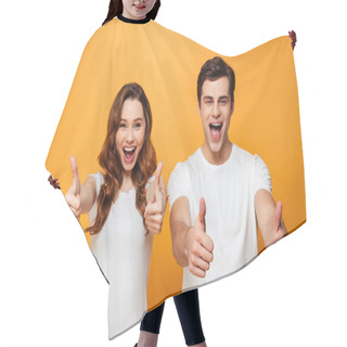 Personality  Happy Young Lovely Couple Showing Thumbs Up Hair Cutting Cape