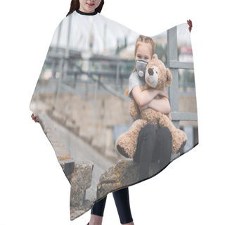 Personality  Child In Protective Mask Hugging Teddy Bear On Street, Air Pollution Concept Hair Cutting Cape
