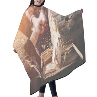 Personality  Strong Lumberjack Chopping Wood In The Forest, Chips Fly Apart. Lens Flare Effect Hair Cutting Cape