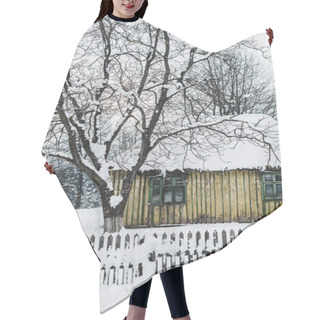 Personality  Old Weathered House With Fence Among Trees In Winter Hair Cutting Cape