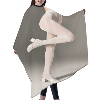Personality  Cropped Photo Of Slim Woman In In Sheer White Tights And High Heels Posing On Grey Background Hair Cutting Cape