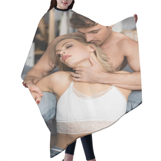 Personality  Sexy Man Touching Neck Of Young Girlfriend In Lace Bra In Bedroom  Hair Cutting Cape