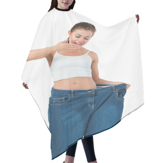 Personality  Portrait Of A Suprised Woman Wearing Too Large Jeans Hair Cutting Cape