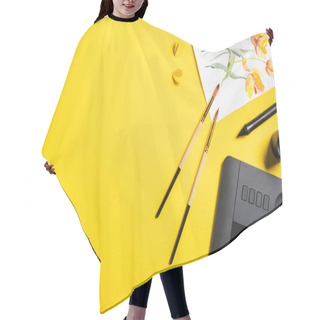 Personality  Top View Of Paintbrushes Near Painting, Paper Cut Elements, Drawing Tablet And Stylus On Yellow  Hair Cutting Cape