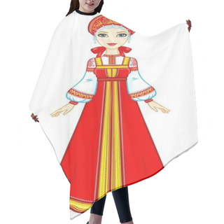 Personality  Animation Portrait Of The Beautiful Girl In An Ancient Russian Dress. Sundress, Kokoshnik. Full Growth. Vector Illustration Isolated On A White Background. Hair Cutting Cape