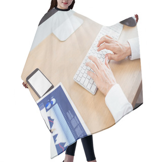 Personality  Businesswoman Using Computer At Desk Hair Cutting Cape